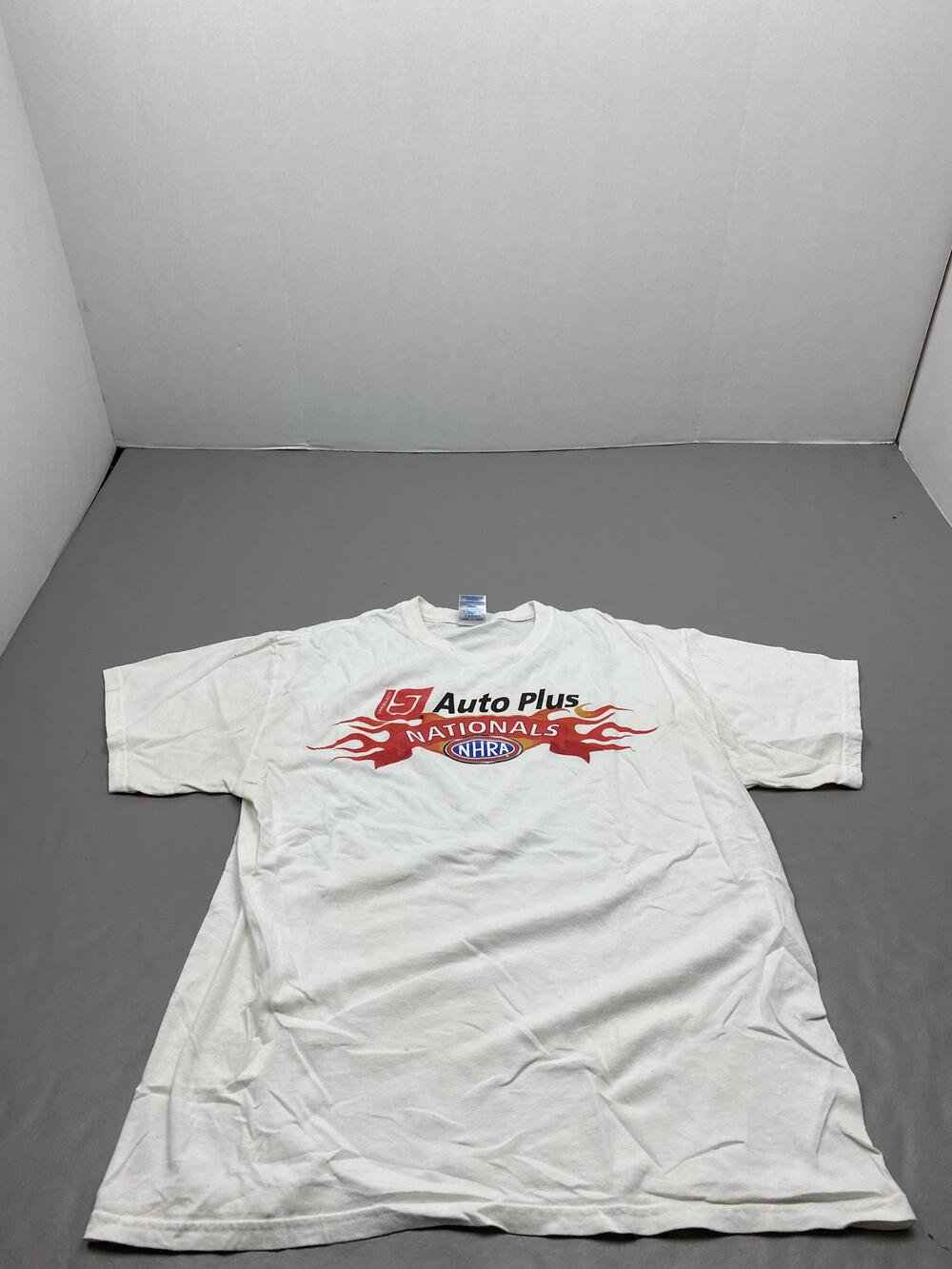 Gildan Shirt Mens L White Auto Plus Nationals NHRA Flame Graphic Tee Cotton